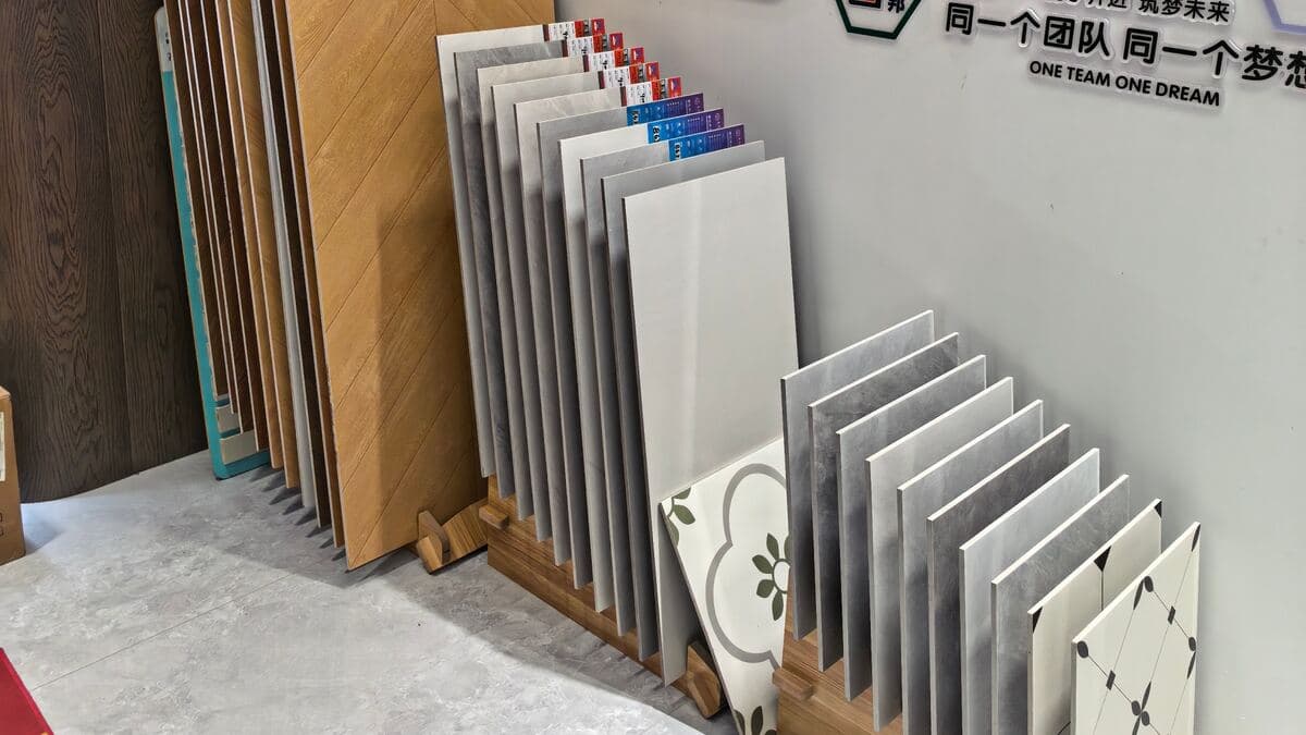 Wood-look and stone-look surface samples displayed on material racks