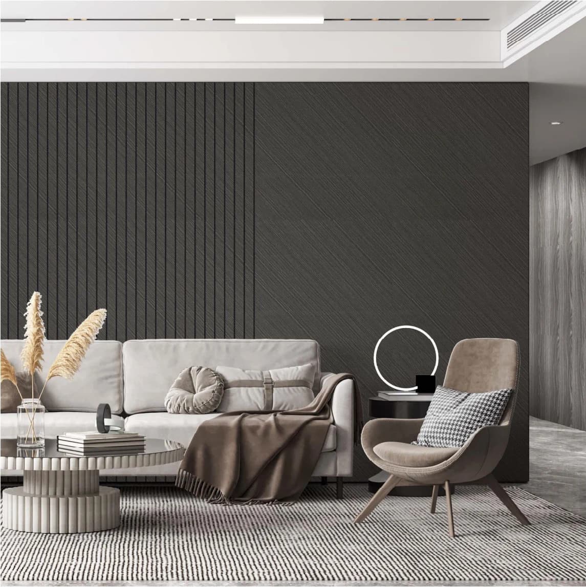 GS-02P sample-book room styling combining flat and fluted wall coverings.